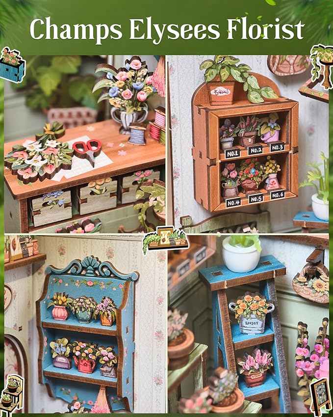 Cutefun Book Nook Kit - DIY Miniature Dollhouse Kit 3D Creative Decorative Bookend 3D Wooden Puzzle for Adults, Bookshelf Insert Room Decor with LED Light (Champs-Élysées Florist)