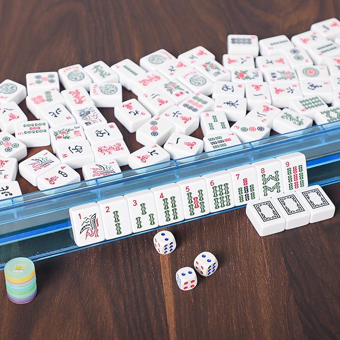 ZGME American Mahjong Set,166 White Tiles with Black Rectangular Bag and Accessories,4 All-in-One Mahjong Racks with Pushers,Complete Western Mahjong Set