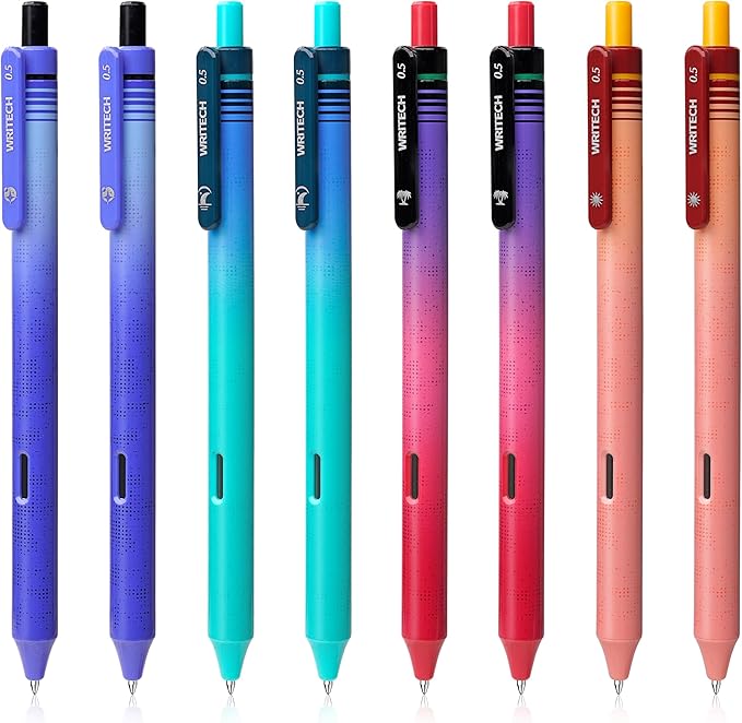 WRITECH Black Ink Gel Pens: 8-Pack Retrowave 0.5mm Fine Point Pens - Smooth Writing Silent Clicker and Refillable Perfect for School Office & Everyday Use.