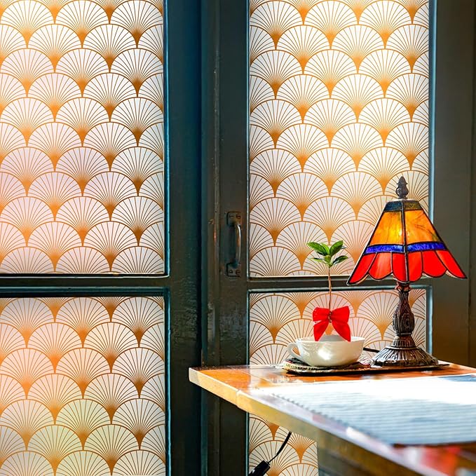DKTIE Geometric Art Stained Glass Window Film Bathroom Window Privacy Film Frosted Glass Static Clings Non Adhesive with Installation Tools, Modern Home Improvement Style (S117, 35.4'' x 78.7'')