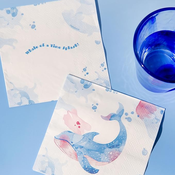 80 pcs Premium Designer Cocktail Beverage Napkins, 3-Ply 5 x 5-inches Disposable Napkin, Aqua Amore Dreams of Whale