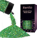 Renfio Holographic Glitter, 2.11oz/60g Medium Size Chunky Mix Ultra Fine for Crafts, St Patrick's Day, Resin, PET Flakes for Nail Art, Tumblers, Slime - Laser Green