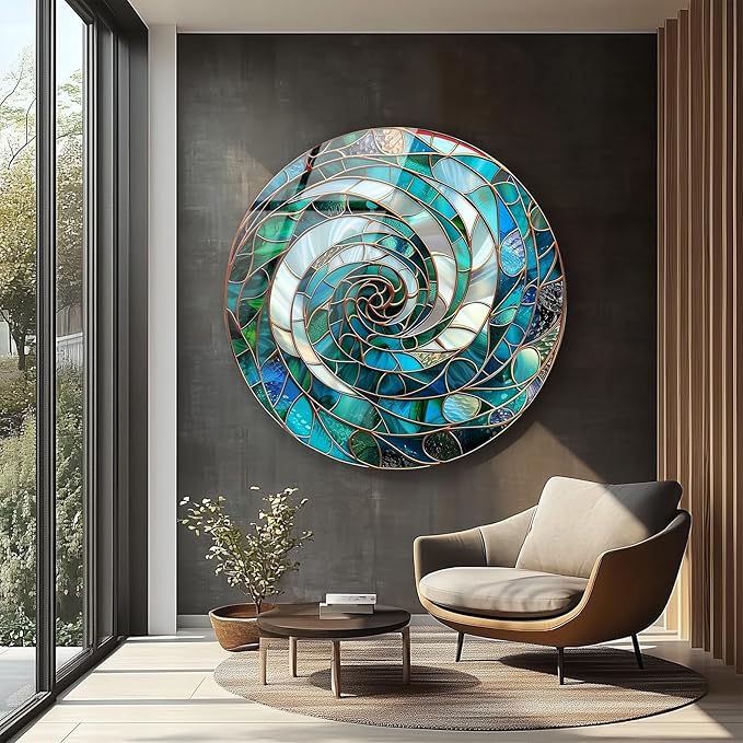 My Photostation.com 15.8''(40cm) Diameter Aqua Spiral Harmony Round Glass Wall Art Tempered Glass Printing Wall Decor Large Wall Art Wall Hangings