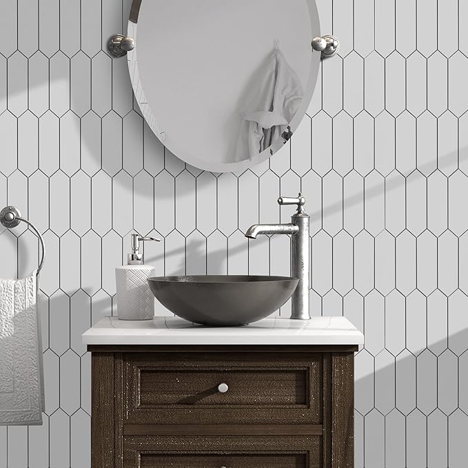 SUNWINGS Backsplash for Kitchen Peel and Stick, Stone Composite Self Adhesive Tiles Long Hexagon Mosaic Wall Tile, 12 Inch x 11.22 Inch 10 Sheets White