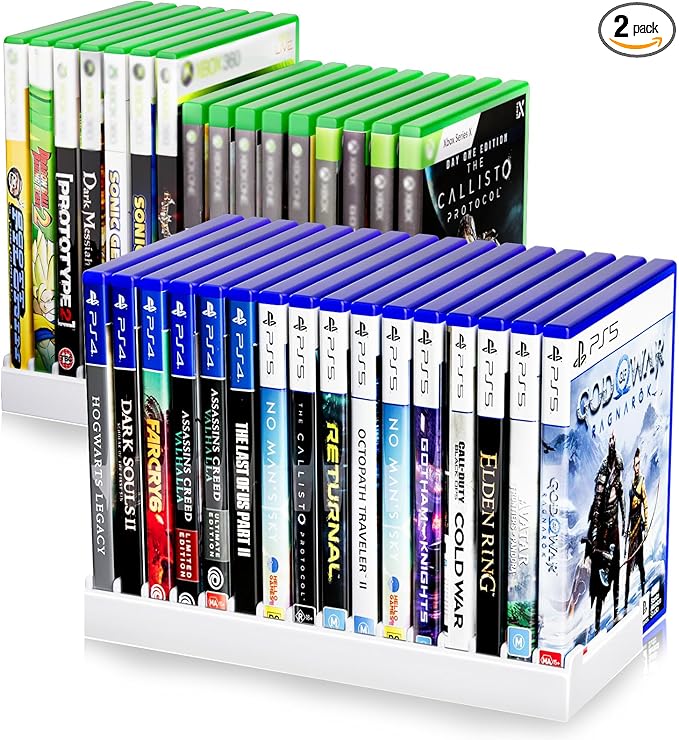 Nargos Video Game Storage Holder for for PS5/ PS4/ PS3/ PS2/ Xbox One/Xbox 360 and Xbox Series X/S/Wii/Switch/Switch 2 Game Cases, DVD and Blu-Ray Organizer for Desk (2, White)
