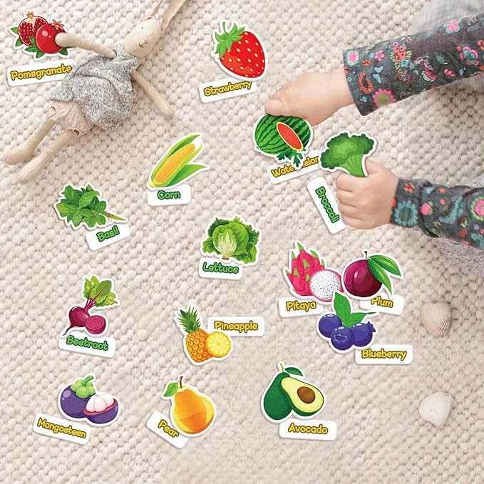 Kids Felt Board Set with 90 Fruits & Vegetables Pieces - Interactive Learning & Education Toys for Preschool Homeschool, Vibrant Colors Pretend Play Toys with Storage Bag & Velcro Dots