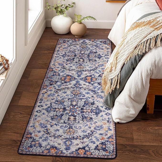 Lahome 2x6 Blue Washable Hallway Runner Rug, Bohemian Floral Medallion Kitchen Carpet Runner, Soft Non Skid Floor Runners for Bathroom Bedroom Vanity Office Sunroom