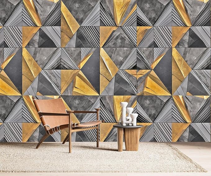 AFZEVEB-3D Geometric Wall Mural Gray and Gold Wallpaper for Bedroom 136"x96"(Not Peel and Stick)