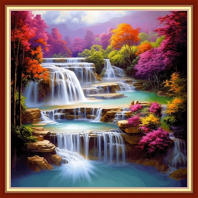 Disxvivy Cross Stitch Stamped Full Embroidery Kits DIY 11CT Cotton Thread Printed DIY Needlepoint Kits Craft Needlework Set Cross-Stitch Stamped Sets-Vernal Fall 18x18 inch