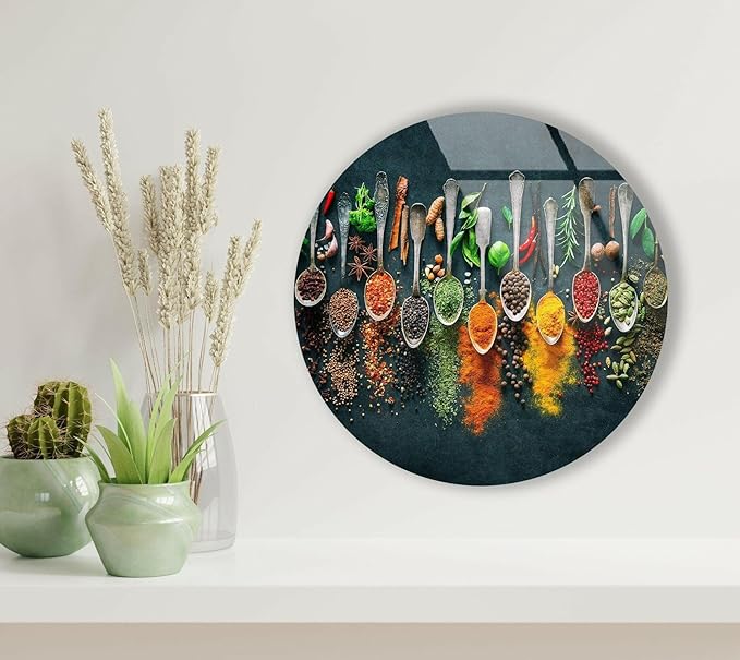 My Photostation.com 10''(25cm) Diameter Colorful Herbs Round Glass Wall Art Tempered Glass Printing Wall Decor Large Wall Art Wall Hangings
