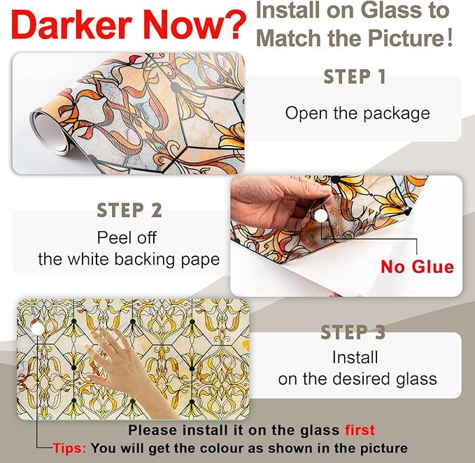 3D Stained Glass Window Privacy Film, Heat Control UV Blocking Static Cling Decorative Window Film for Bathroom,Front Door,Home Non Adhesive 23.6 x 35.4 inches Golden Filigree