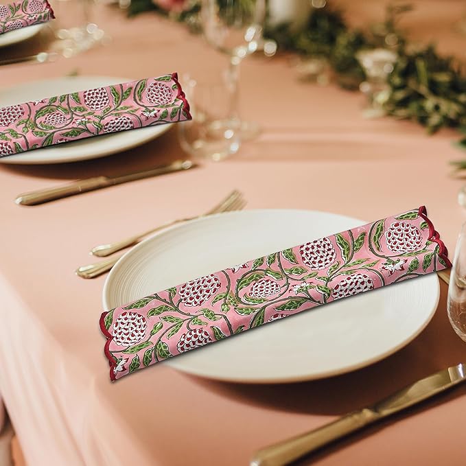Ridhi Strawberry Pink Hand Block Print Napkins 18" x 18" Set of 4 Reusable Cotton Dinner Napkins for Weddings, Parties & Everyday Dining, Thanksgiving, Christmas, Fall