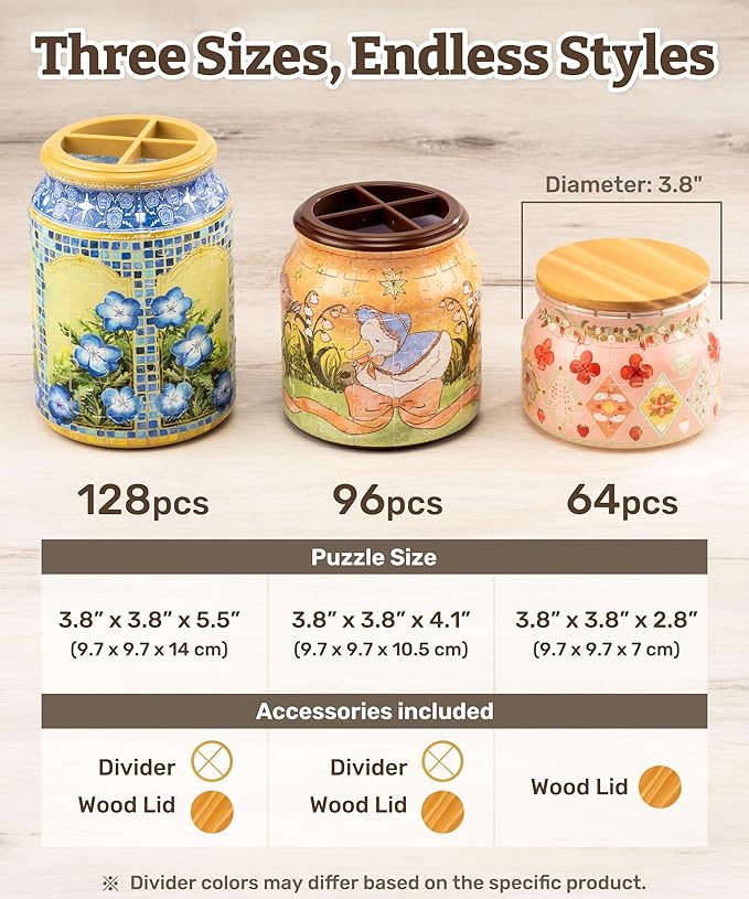 PieceRelax 3D Puzzle Jar 64 Plastic Pieces for Adults - Daisy Breeze Wooden Lid Container for Kitchen Dining Study Living Room No Glue Requied Small [BC1025]