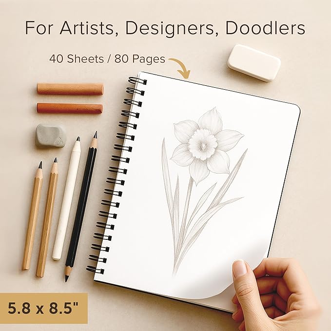 Artist’s Sketchbook Hardcover – 200GSM Very Thick Paper – Spiral Sketch Book for Drawing and Mixed Media – Sketch Pad, Art Book - 5.8 x 8.5, 40 Sheets / 80 Pages