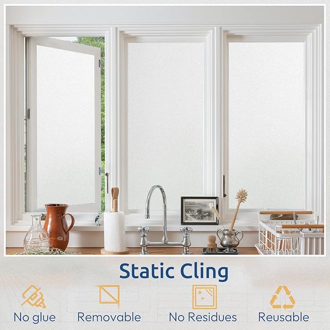 rabbitgoo Window Privacy Film, Non-Adhesive Frosted Glass Window Film for Bathroom, Static Cling Heat Blocking Stickers for Home Indoor Opaque Frosting Coverings House Tint, Matte White 11.8" x 157"