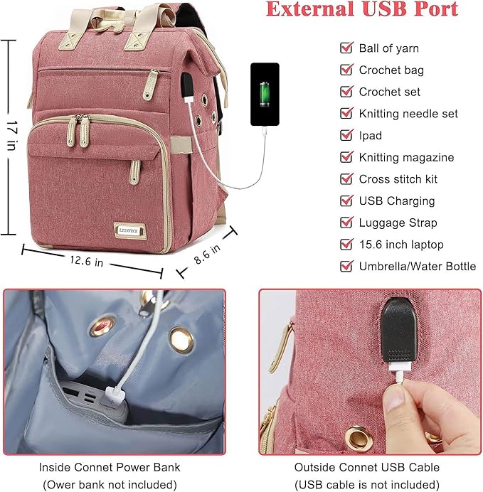 Crochet Backpack,Knitting Bag Backpack Yarn Storage Organizer Travel Crochet Bag with USB Charging Port,Yarn Storage Tote Bag Yarn Holder Case for Knitting Needles,Crochet Hooks,Crochet Accessories