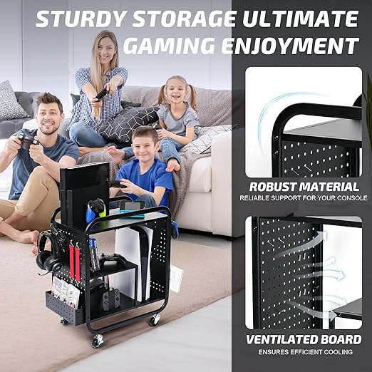 PLKOW Video Game Organizer, Rolling Video Game Storage Rack for Xbox/Switch/PS4/PS5 Accessories, Game Consoles Stand Controllers Holder, Perfect Holiday Present (Black)