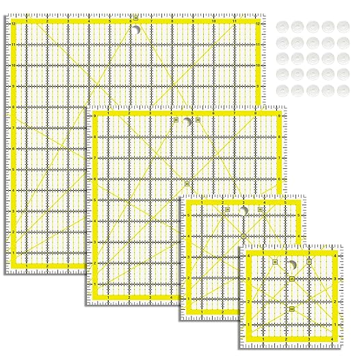 Quilting Rulers, Acrylic Quilt Ruler,4 Square Fabric Cutting Ruler (4.5"X4.5", 6"X6", 9.5"X9.5", 12.5"X12.5"), Quilting Templates with Non Slip Rings. (Yellow)
