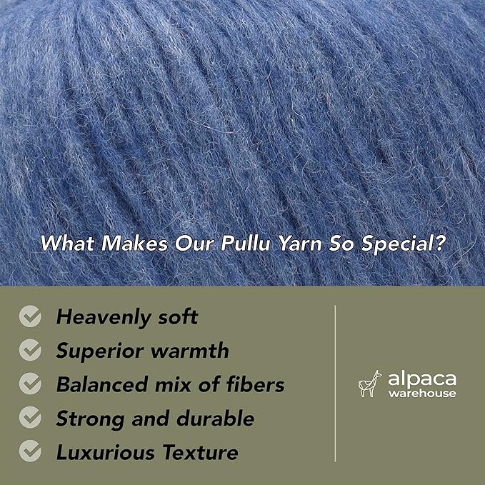 Pullu - Baby Alpaca Merino Wool Yarn Set of 3 Skeins (150 Grams) Worsted Weight - Sourced Directly from Peru - Heavenly Soft and Perfect for Knitting and Crocheting (Denim Blue)