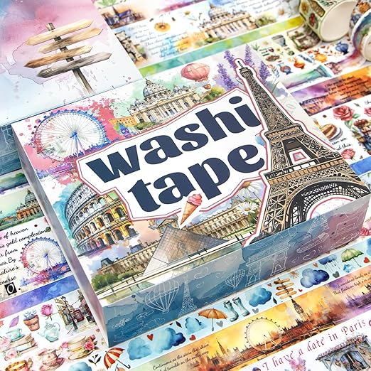 MPOPUUL Washi Tape Set 18 Rolls - European Tourism Decorative Adhesive Masking Tape for Journaling, Vintage Colored Tape for Junk Journaling Supplies, Scrapbooking Supplies, DIY Crafts, Planner
