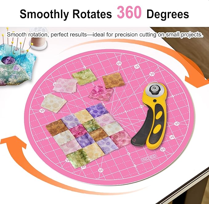 Headley Tools 10"x10" Round Rotating Cutting Mat, Self Healing Mat with 360-Degree Rotation & Anti-Slip Base, Sewing Board Cutting Mat Perfect for Fabric Quilting Leather Hobby Project, Pink