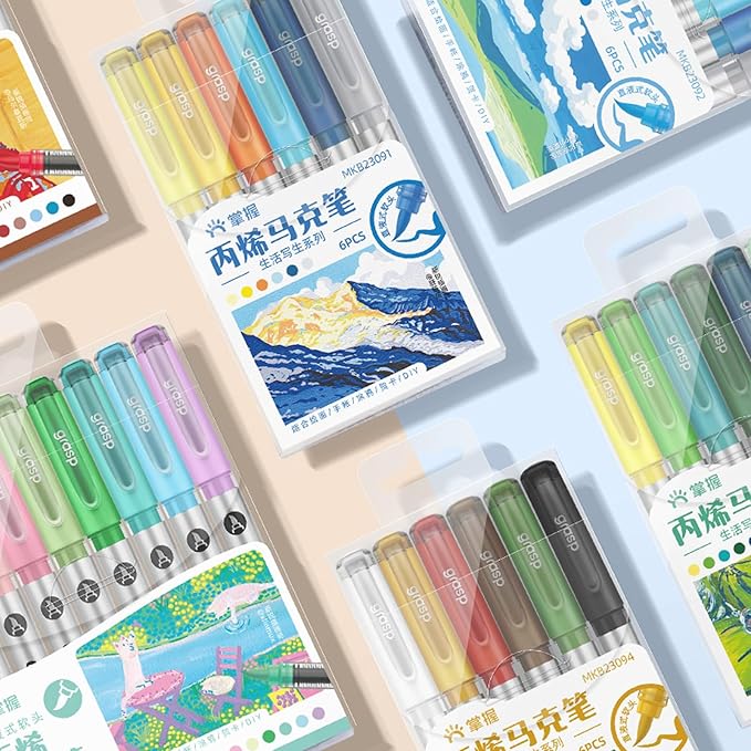 6 Color Acrylic Paint Markers, Brush Tip Acrylic Paint Pens With Visual Ink Window, Fabric Paint Markers for Clothes, Textile - High Coverage on Wood, Glass, Rock - DIY Art Supplies for Kids, Adults