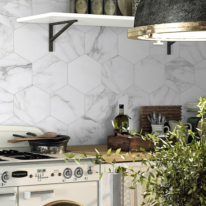 45-Sheet Hexagon Peel and Stick Backsplash, 6" x 7" White Calacatta Marble Looks Self Adhesive Wall Tile, Stone Composite Stick on Decorative Mosaic Tile for Kitchen Bathroom Fireplace