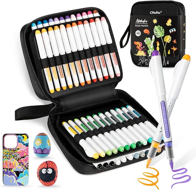 Ohuhu Acrylic Paint Markers Direct Liquid: 48 Pack Flexible Brush Tip Acrylic Markers High Opacity Paint Pens Waterproof Lightfast for Rock Painting Easter Eggs Wood Glass Ceramic Canvas - Nahuku