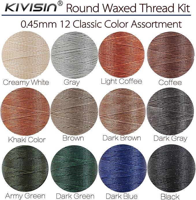 Round Waxed Thread 0.45mm 12 Neutral Colors, Thin Cord Wax Coated 3 Ply Polyester Strings 115 Yards/Spool for Leather Upholstery Sewing, Stitching, Bookbinding, Beading, Macrame Braiding