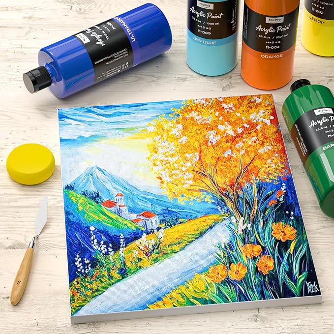 Nicpro 14 Colors Large Bulk Acrylic Paint Set (33.8 oz, 1000 ml) Non Toxic Art Painting Supplies for Kids Students Adults Artists, Rich Pigment for Multi Surface Canvas Fabric Craft Wood Leather Stone