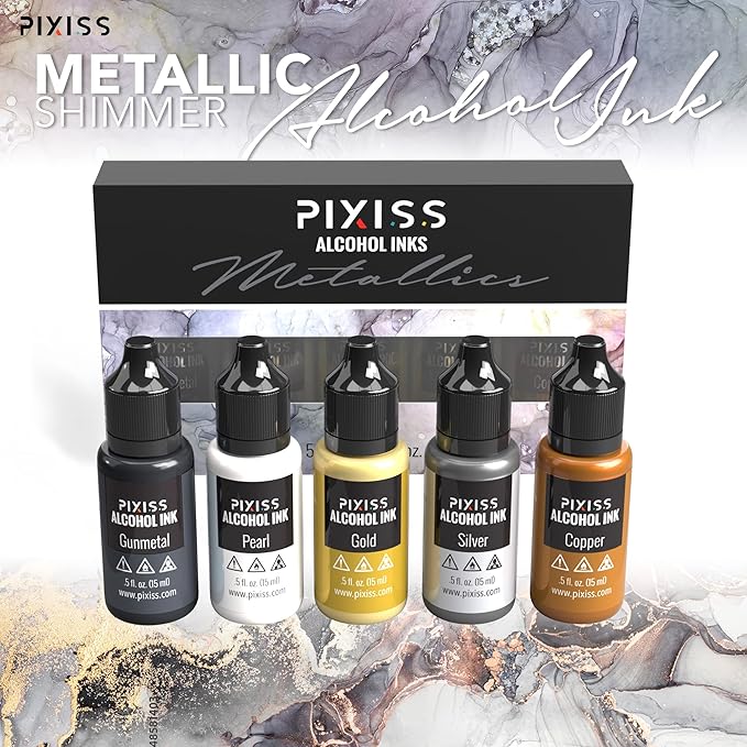 Metallic Alcohol Ink Set - Gold, Silver, Gunmetal, Copper, Pearl with Extreme Shimmer - Large 0.5 Ounce Inks