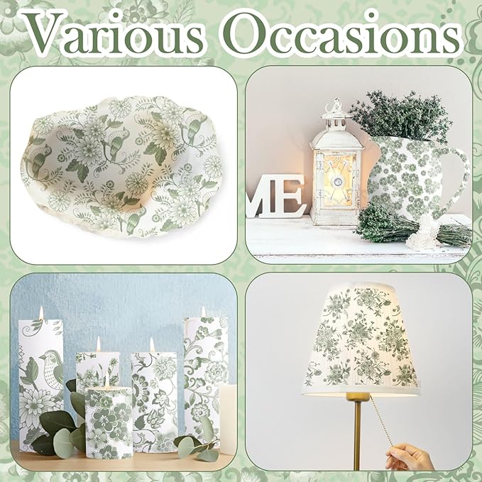 Epakh 36 Pack 6 Style Sage Green Decoupage Paper Napkins Assorted Floral Decorative Decoupage Napkin Chinoiserie Cocktail Paper for DIY Crafting Fall Christmas Wedding Party Decor, Each Unfolded 13''