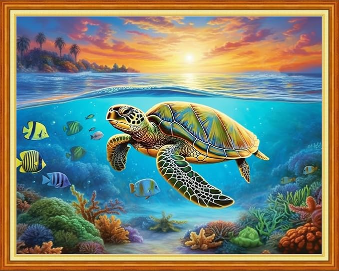 Foxdiviy Stamped Cross Stitch Kits for Beginners Full Range of Cross Stitching 11 CT Printed Cross Stitch Kits for Kids Adults Cross Stitch Patterns Needlepoint Kits-Ocean Turtle 16x20 inch