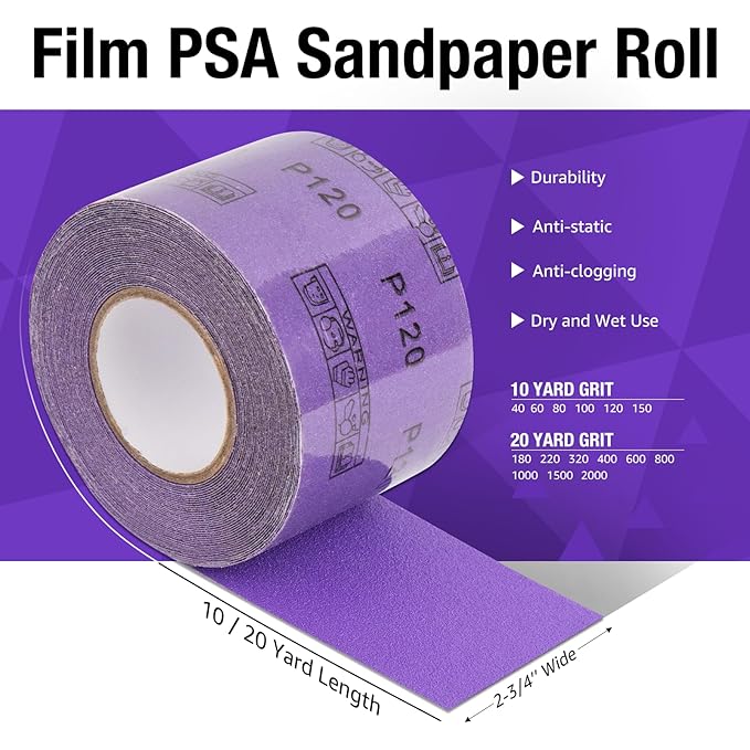 100 Grit PSA Purple Film Ceramic Sandpaper Roll, 2-3/4" Wide Continuous 10 Yard Longboard Sanding Roll Wet Dry Sanding Blocks Self Adhesive Sticky Back Sanding Sheets for Woodworking Automotive