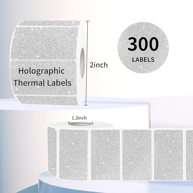 Direct Thermal Label 2x1 Inch- Barcode Labels- Holographic Thermal Sticker Labels for Address, Shipping, Compatible with Rollo Label Printer & MUNBYN& Zebra (300 /Shiny Silver)