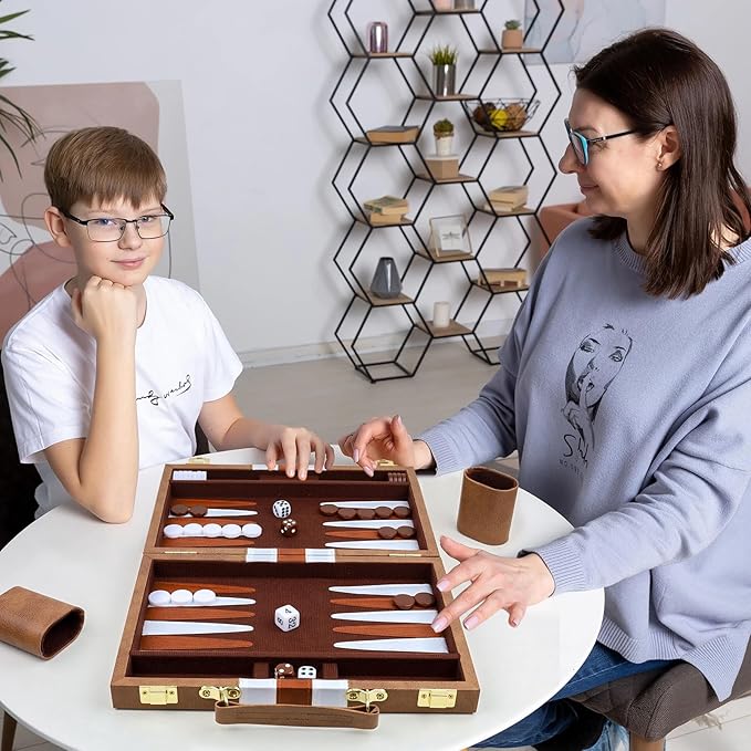 Backgammon Set 2 Players Classic Backgammon Sets for Adults Board Game with PU Leather Case Portable and Travel Backgammon Set (Retro Brown, 11inch)