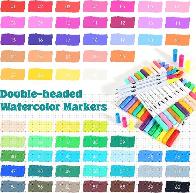 Water-based Ink Brush Markers Pens for Kids Adult, 60 Colors Dual Tip Drawing Markers for Sketching Coloring Note-taking Calligraphy, Office & School Supplies