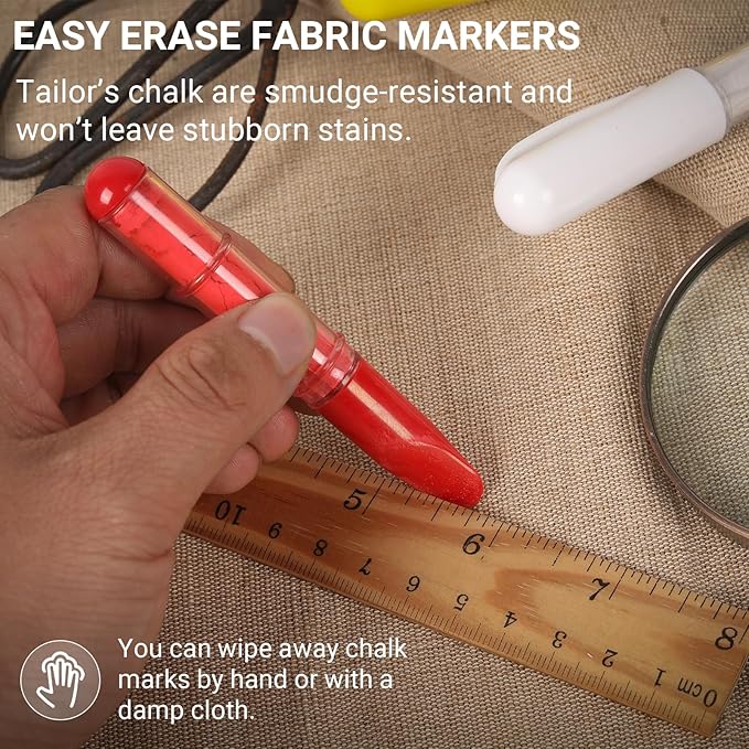(2-pack) Fabric Chalk Markers -Erase Tailor’s Chalk for Quilting and Sewing - Compatible with Most Fabrics - With Dosing Wheel Technology, Blue & White