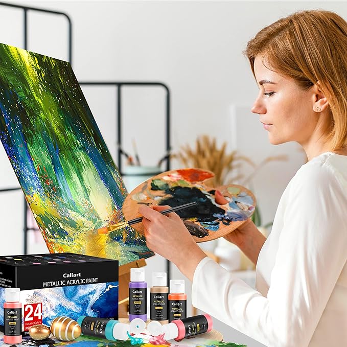 Acrylic Paint Set With 12 Brushes, 24 Colors (59ml, 2oz) Art Craft Paints for Adults Artists Beginners Painters, Canvas Halloween Pumpkin Ceramic Wood Rock Painting Art Supplies (Metallic)