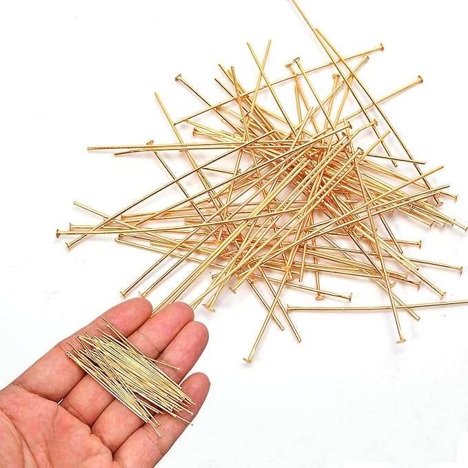 100pcs 18K Gold Filled Flat Head Pins Non Tarnish Craft Earring Bracelet Jewelry Making Accessories Supplies (50mm (1.96in), Gold-Flat Head Pin)