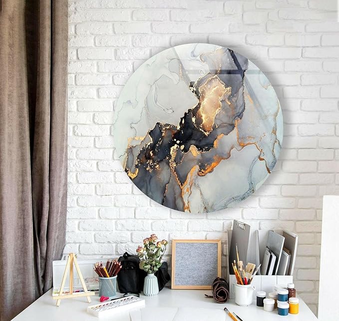 My Photostation.com 15.8''(40cm) Diameter Gold Details Gray Marble Round Glass Wall Art Tempered Glass Printing Wall Decor Large Wall Art Wall Hangings