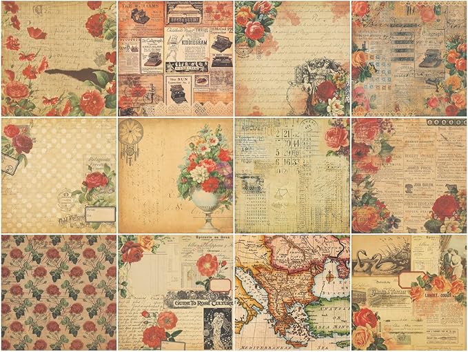 Vintage Scrapbook Paper 12 ×12 - 24Sheets Double-Sided Retro Rose Patterned Paper Junk Journaling Scrapbooking CardStock Papers Pad for Cardmaking DIY Origami Craft Papers.