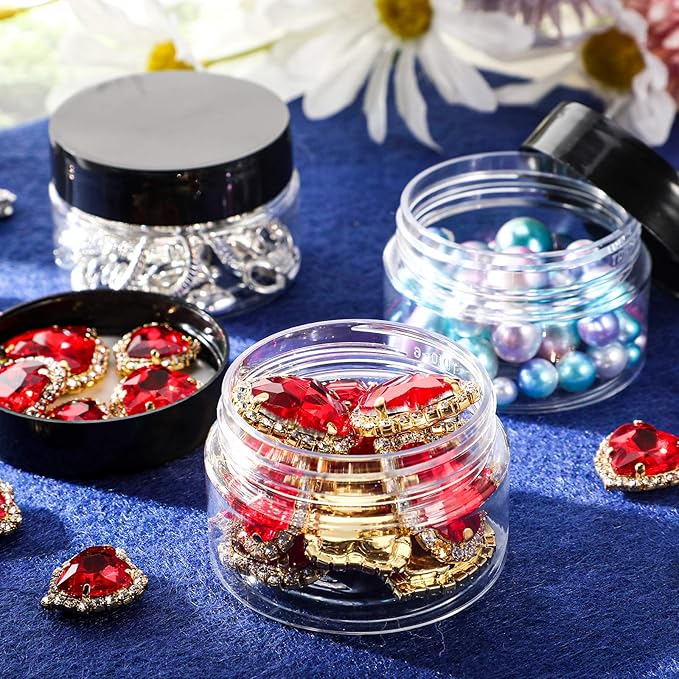 SATINIOR 12 Pack 1 oz Plastic Container Jars with Lids Round Clear Travel Cosmetic Container Jars for Toiletries, Lotion, Cream, Ointments, Makeup, Rhinestone, Samples, Kitchen Storage, Black