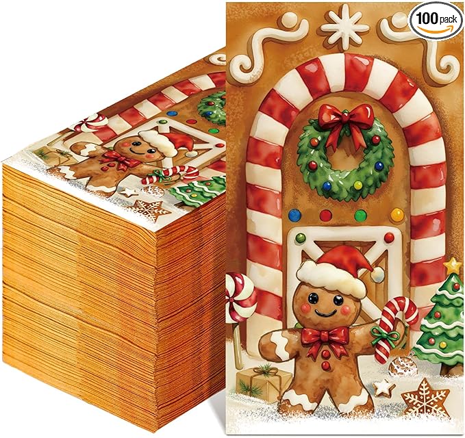 100 Pcs Christmas Guest Napkins 2 Ply Gingerbread Man Disposable Paper Napkins for Decoupage Xmas Tree Decorative Gingerbread Man Christmas Cocktail Guest Hand Towel for Party Table Dinner Bathroom