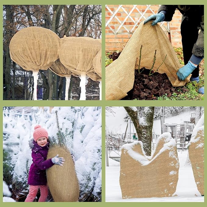 Buryeah 60 Inch x 50 ft Burlap Fabrics Roll Natural Jute Burlap Garden Tree Wrap Outdoor Weed Barrier DIY Fall Halloween Craft Winter Frost Plant Landscape Blankets Cloth for Plant Gardening Shrubs