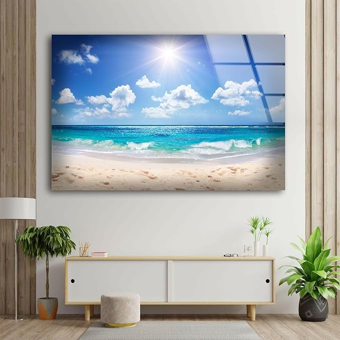 My Photostation.com Round 31,5'' Summer Beach Landscape Glass Wall ArtTempered Glass Printing Wall Decor Large Wall Art Wall Hangings