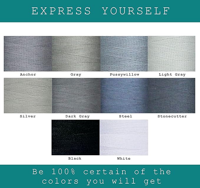 BlesSew Gray Sewing Threads - 10 Large Spools of Polyester Thread for Hand, Quilting & Sewing Machine - Grey Shades Plus Black & White - 1000 Yards Per Spool