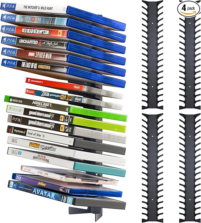 Funturbo Video Game Storage Wall Mount Game Case Holder, Metal Wall Mounted Media Storage Shelves for PS, Xbox, Switch Game Organizer (4-Pack)