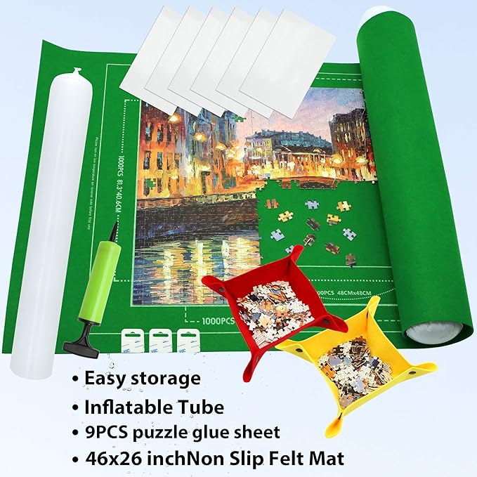 Portable Puzzle Mat Roll Up - with 9 Glue Sheets, Sorting Trays, Hand Pump, Inflatable Tube, and Storage Bag - Perfect for Kids and Adults (Green, 1500pcs)