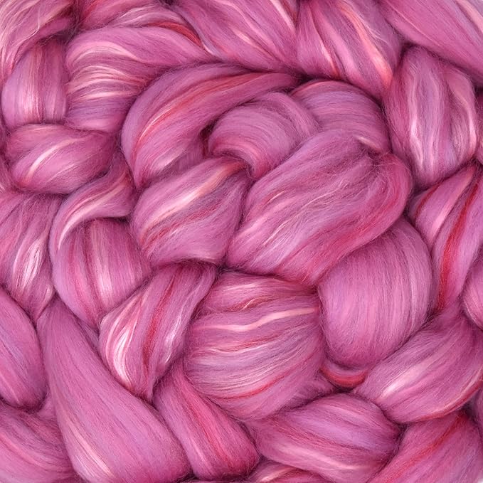 Merino Silk Luxe Tonal Designer Blend. Superfine Merino, Mulberry Silk, Tussah Silk. Top Roving for Spinning or Felting. Pink Petal 4oz